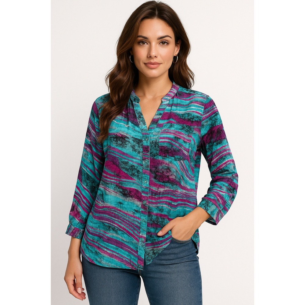 Notations Blouse Womens 2X Green Pink Lightweight Abstract Colorful Boho Artsy